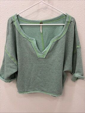 Free People Mint Green Textured V-Neck Pullover